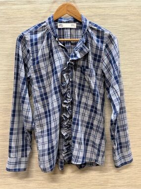 KMJ Plaid Ruffle Button Front Blouse Women’s S Preppy Southern